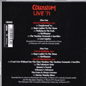 Die Rückseite eines Colosseum Live '71 CD-Covers mit Titelliste und Aufnahmeinformationen.