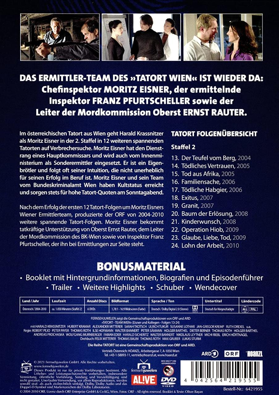 DVD-Hülle mit deutschem Text über eine Krimi-TV-Serie. Enthält Bilder von Schauspielern und Episodenübersichten.