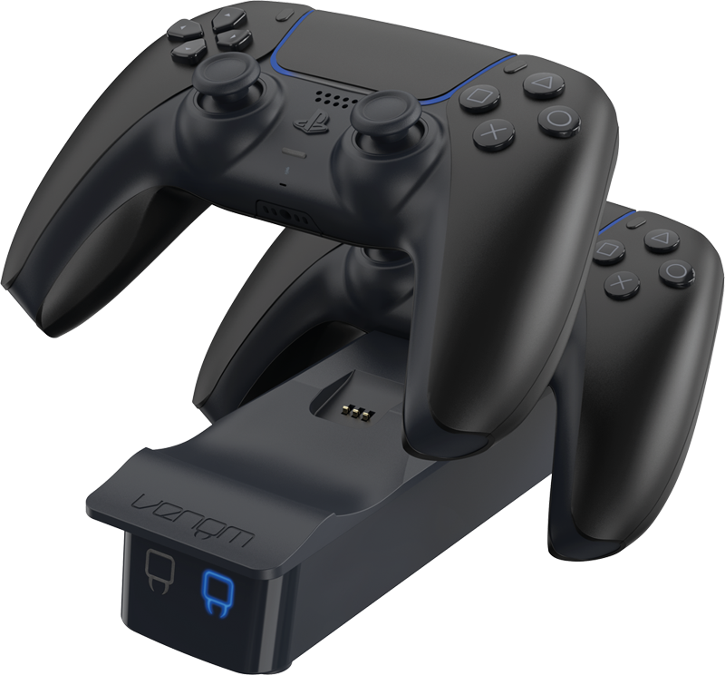 Két fekete PlayStation 5 vezérlő egy fekete töltőállomáson. Venom márka látható.