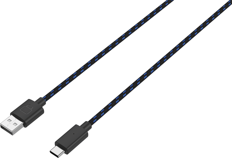 Két fekete USB kábel kék díszítéssel. Egy USB-A és egy USB-C csatlakozó fekete háttérrel.