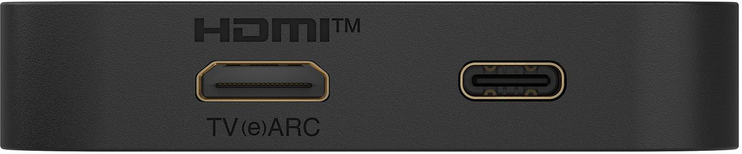 Nahaufnahme eines schwarzen Geräts mit HDMI- und USB-C-Anschlüssen. Das Wort HDMI steht über dem HDMI-Anschluss.