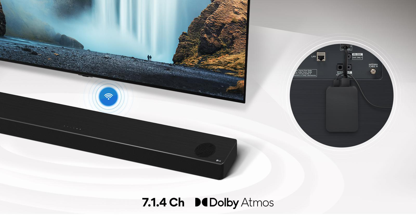 LG Soundbar unter einem Fernseher mit einer Szene eines Sees. Text: 7.1.4 Ch Dolby Atmos. Rückseite des Fernsehers.