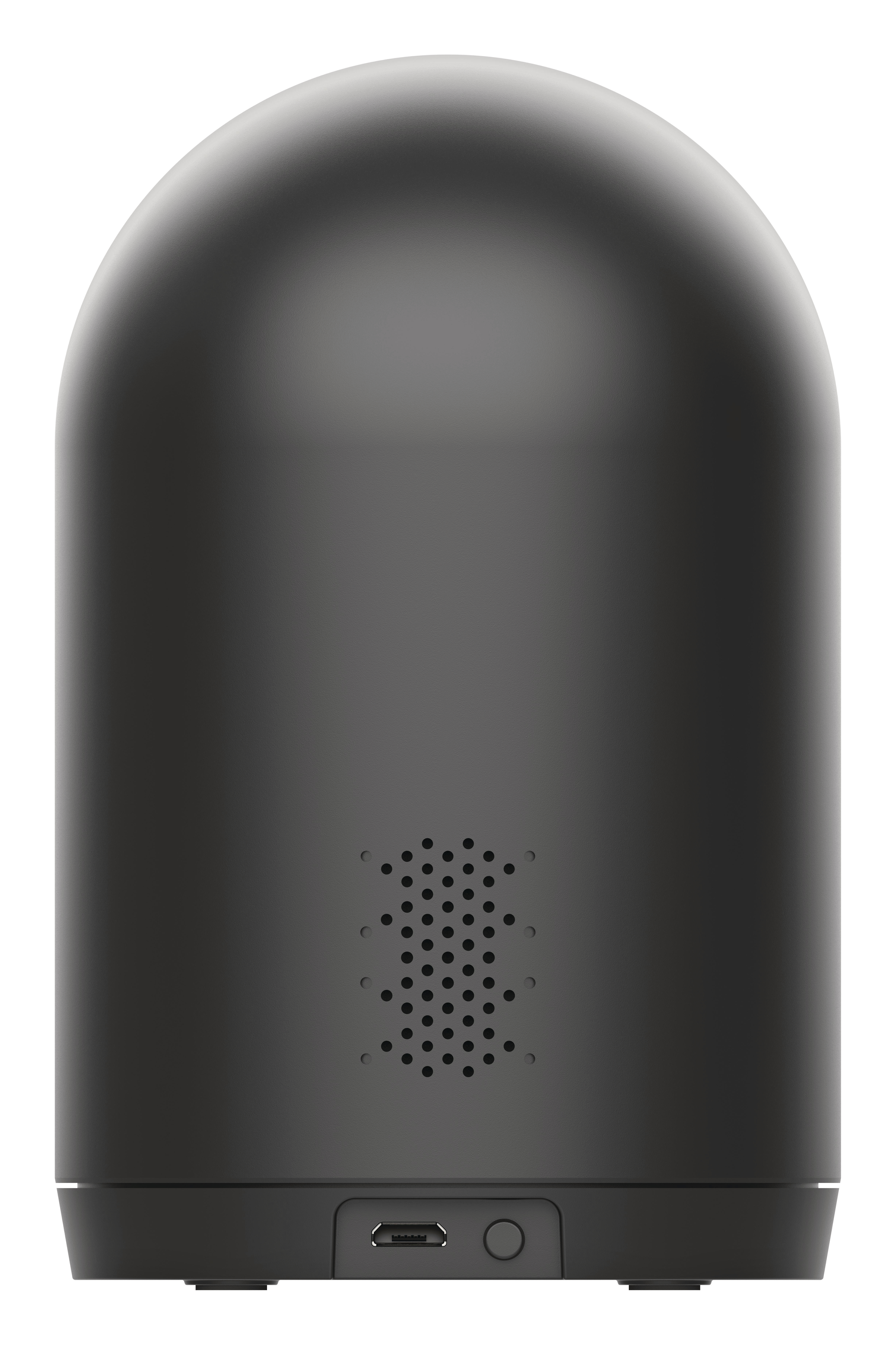 Schwarze Überwachungskamera mit Lautsprecherlöchern, USB-Anschluss und Power-Taste.