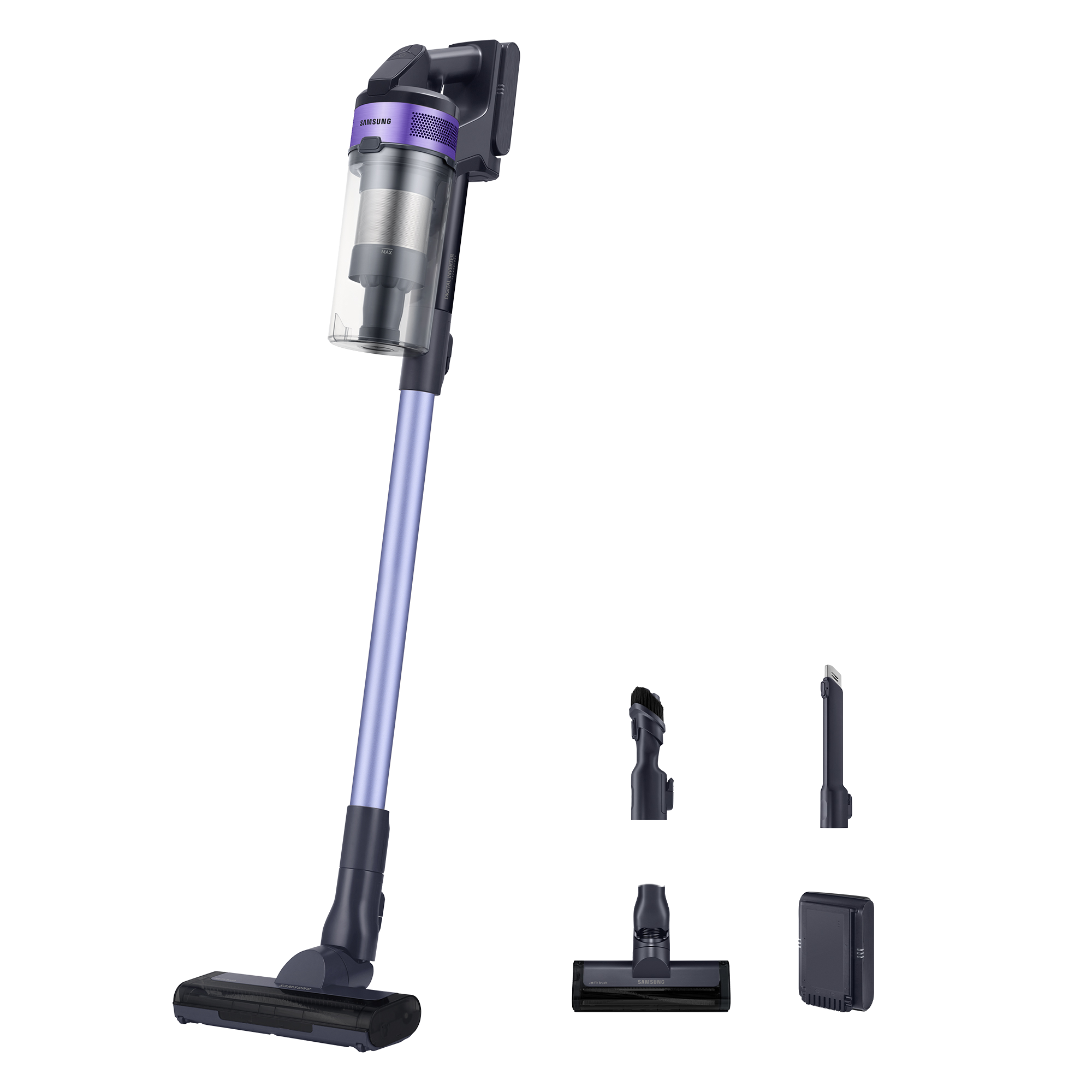Aspiradora Samsung inalámbrica con accesorios. Púrpura y plata, de pie, contra fondo negro.