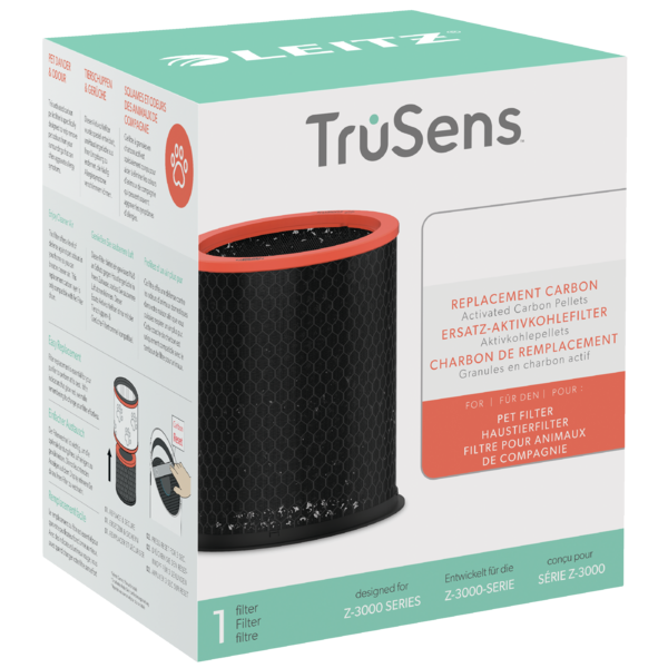 Boxed Leitz TruSens filter. Black cylindrical filter with an orange rim. Text in English, French, and German. Designed for Z-3000 series.