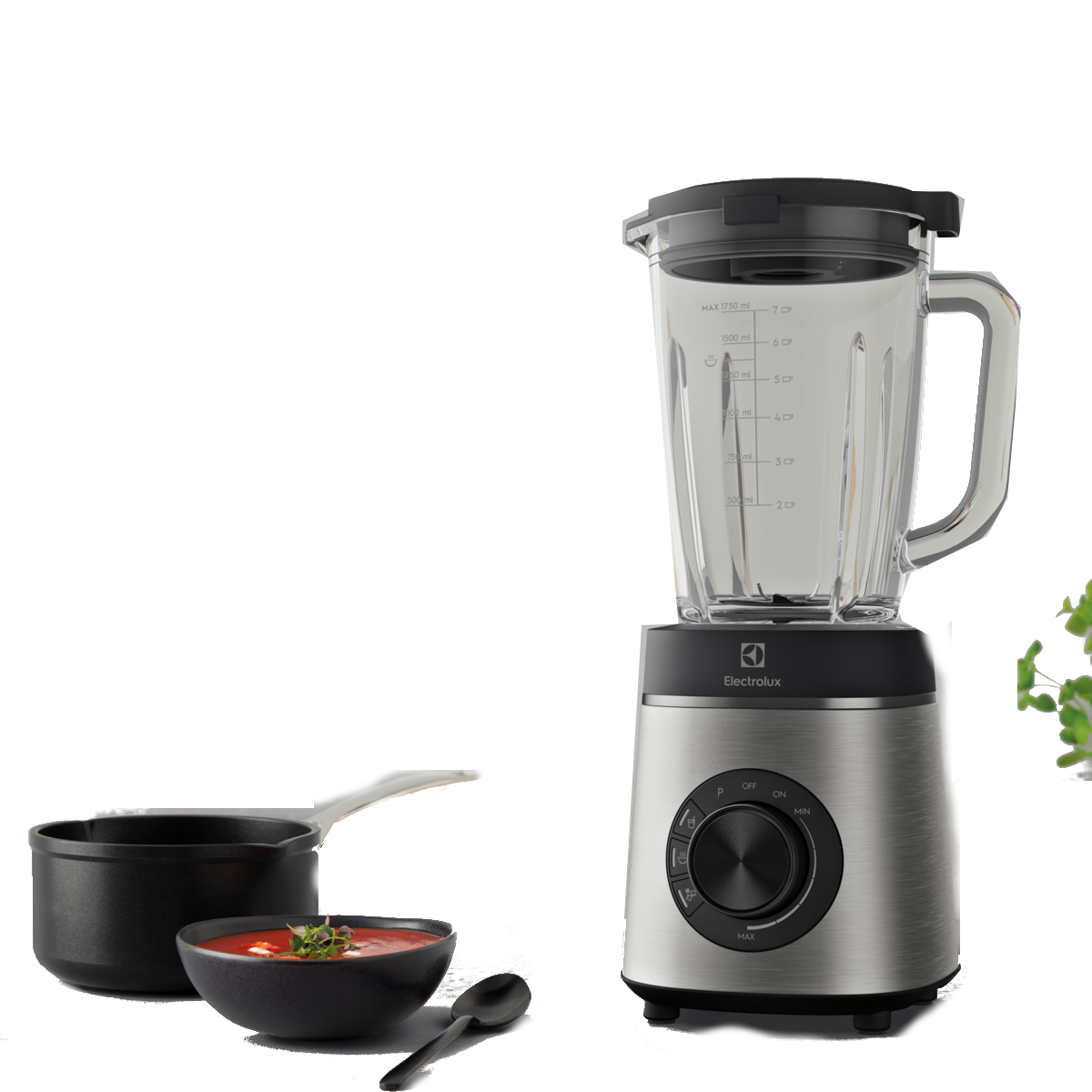 Siyah zemin üzerinde blender, çorba kasesi ve tencere. Blender gümüş rengi. Çorba kırmızı.