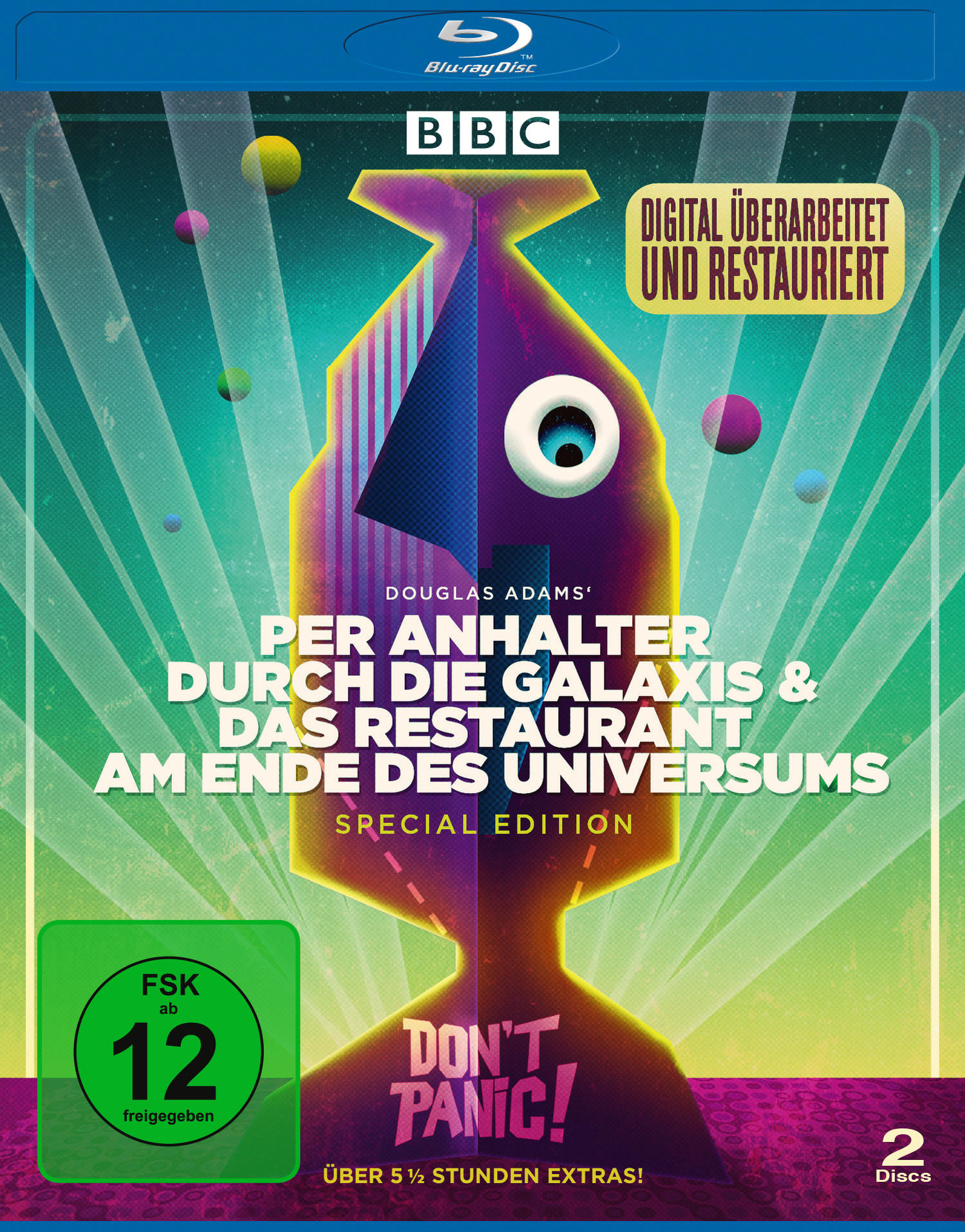 DVD-Hülle mit Text auf Deutsch und Englisch, ein cartoonartiges Bild in Blau und Lila.