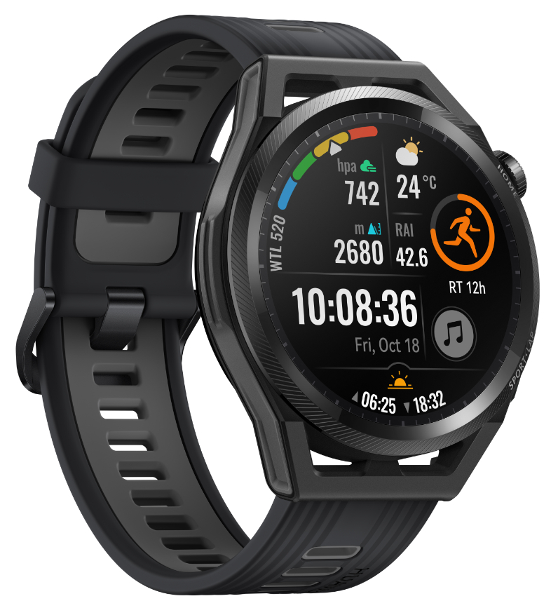 Schwarze Smartwatch mit rundem Display, das Fitnesswerte und Zeit anzeigt. Schwarzes Armband.