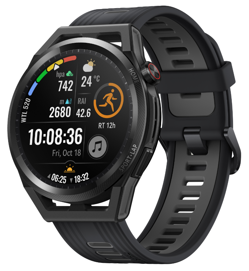 Schwarze Smartwatch mit rundem Display, das Daten anzeigt, und schwarzem Armband.
