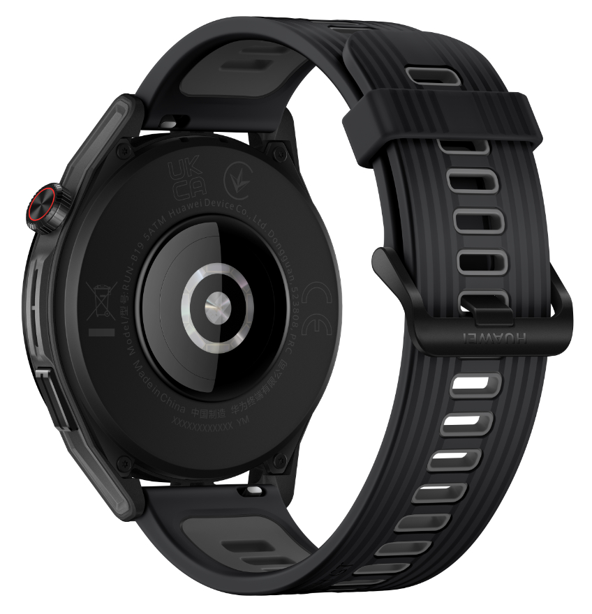 Schwarze Smartwatch, Rückansicht. Zeigt die Rückseite der Uhr mit Armband. Schwarzes Armband mit Löchern.