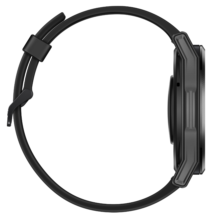 Seitenansicht einer schwarzen Smartwatch mit schwarzem Armband, rundem Zifferblatt und grauem Rand.