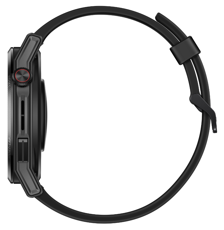 Seitenansicht einer schwarzen Garmin-Uhr mit schwarzem Armband, zeigt die Bedienelemente.