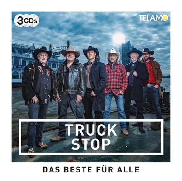 Albumcover mit sechs Cowboys auf einem Pier mit Boot im Hintergrund. Der Titel lautet Truck Stop.