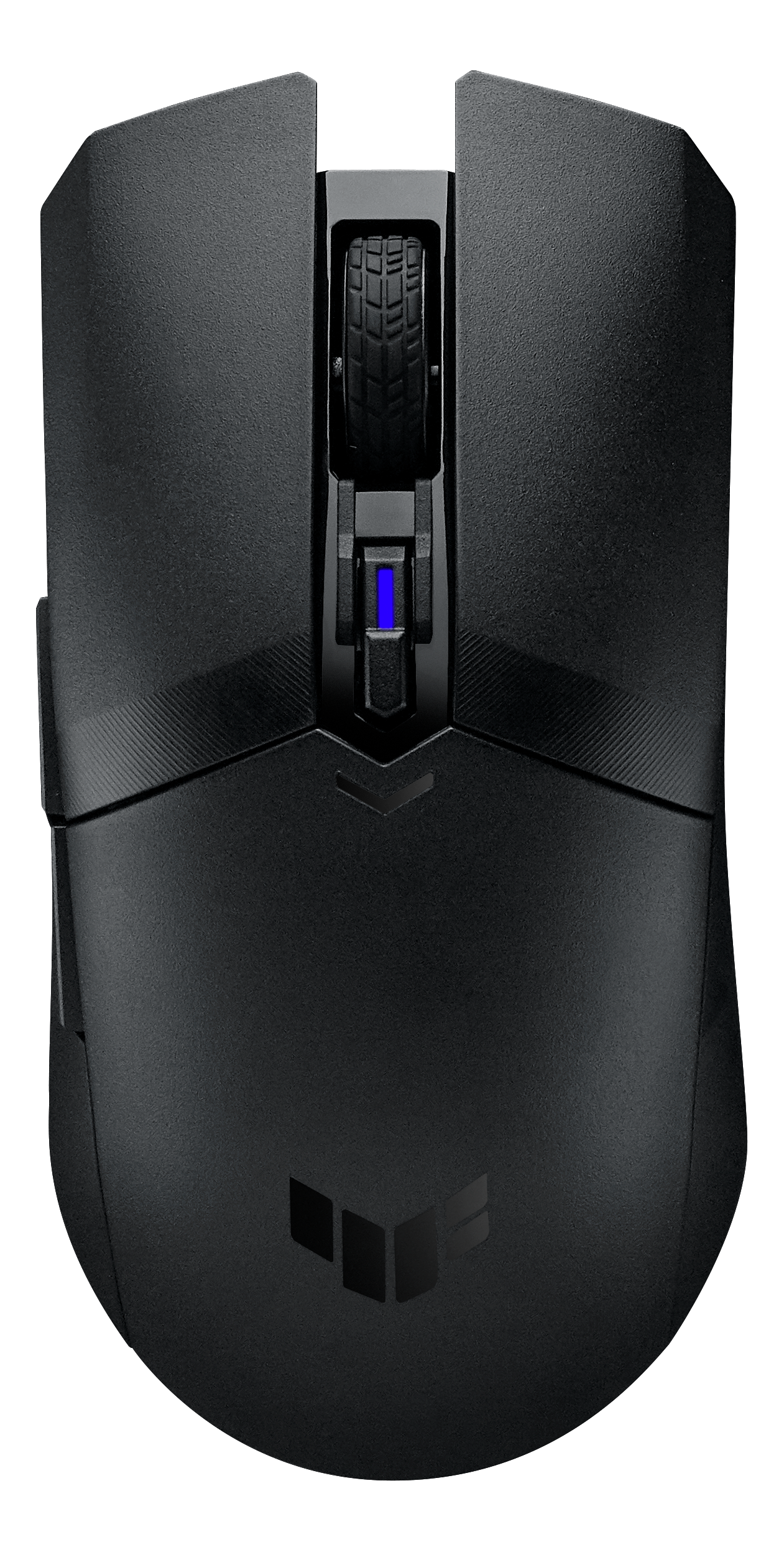 Schwarze Gaming-Maus mit gummiertem Rad und blauer LED-Anzeige.
