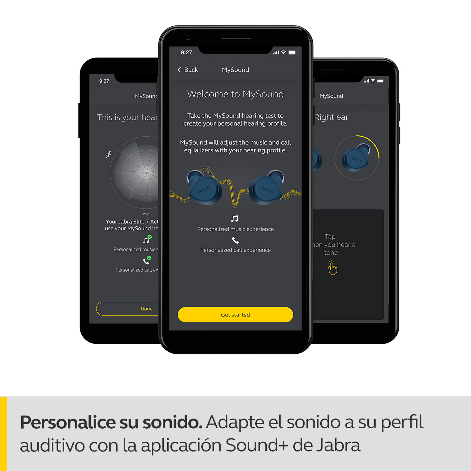 Tres smartphones mostrando la interfaz de la app MySound. Interfaz de usuario con texto e iconos.