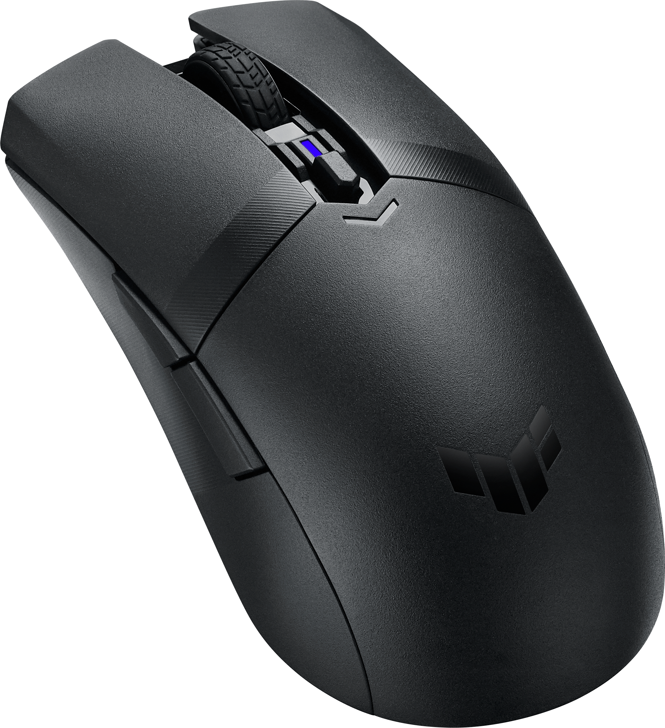Schwarze Gaming-Maus mit blauem Licht und Logo.