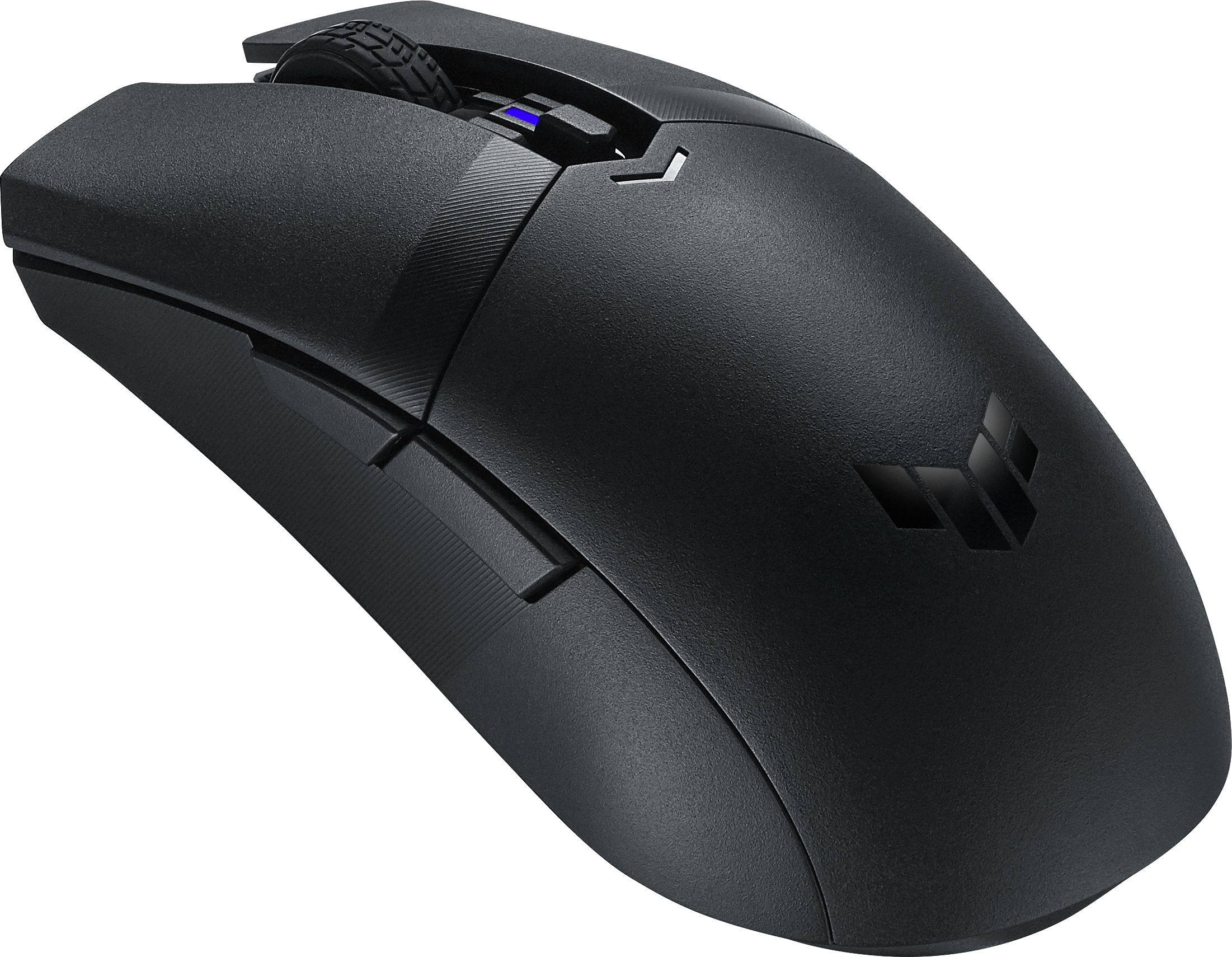 Schwarze Gaming-Maus mit blauer LED und Logo auf weißem Hintergrund.
