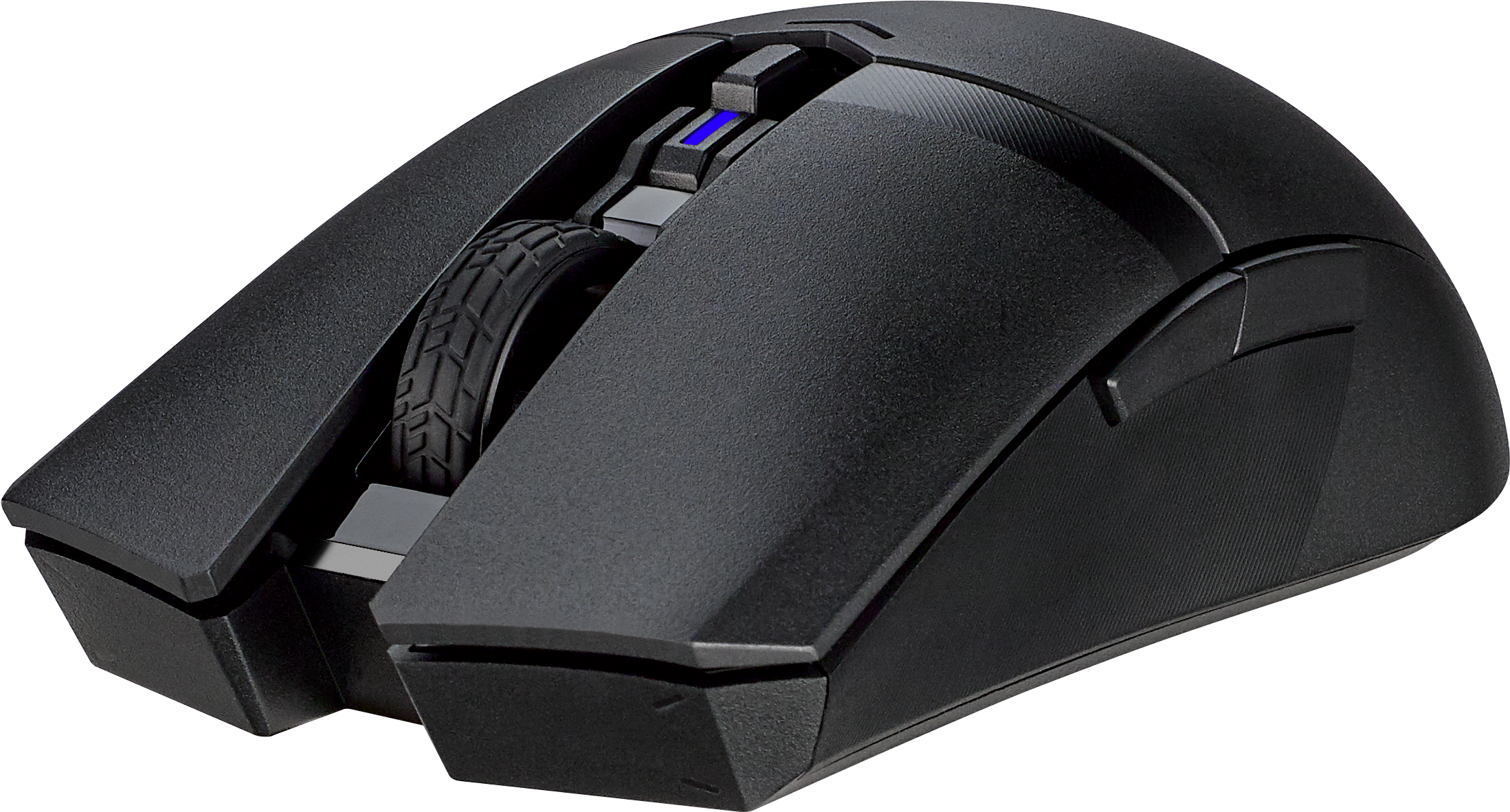 Schwarze Gaming-Maus mit blauem Licht und profiliertem Rad.