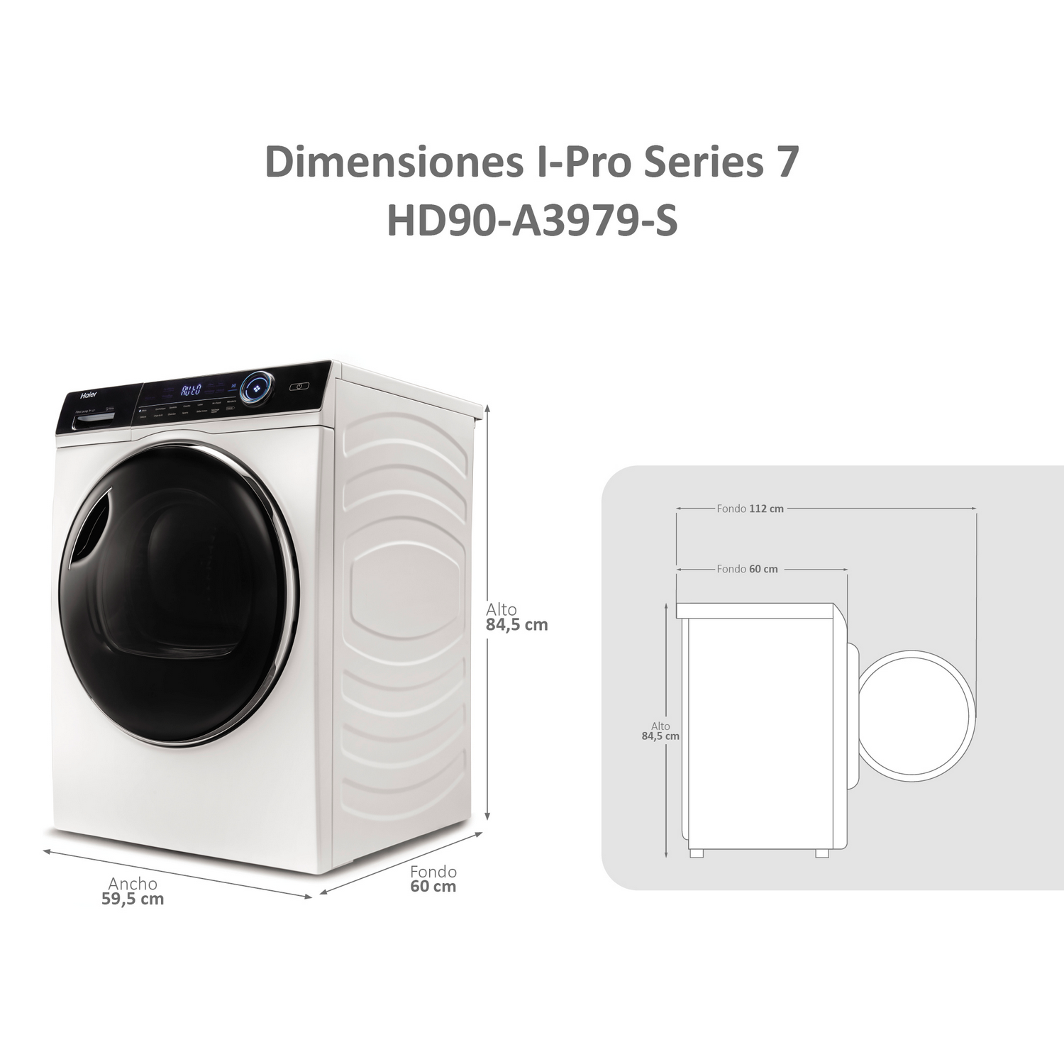 Lavadora blanca con puerta y panel de control negros. Se muestran las dimensiones.