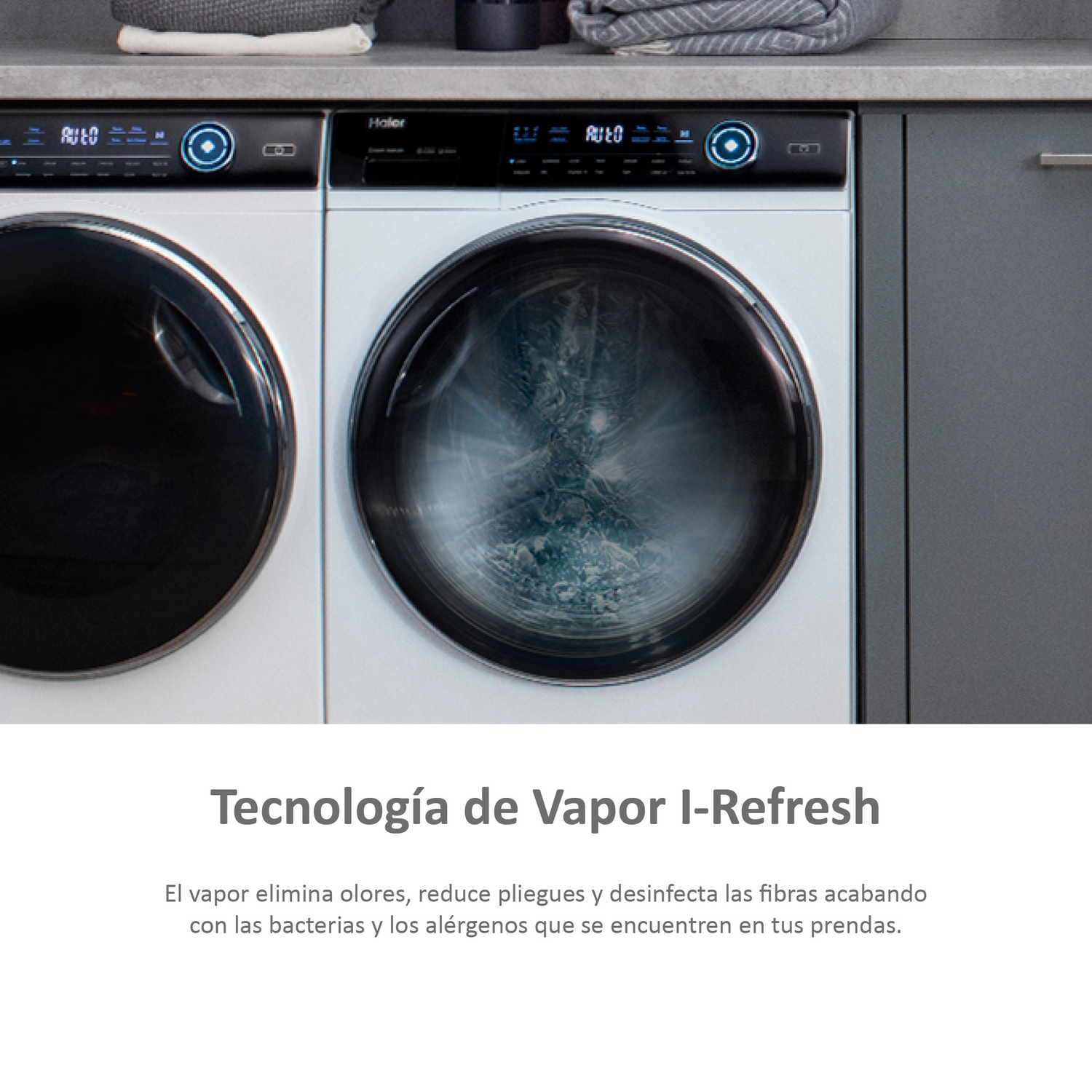 Lavadora con texto sobre tecnología de vapor y sus beneficios.