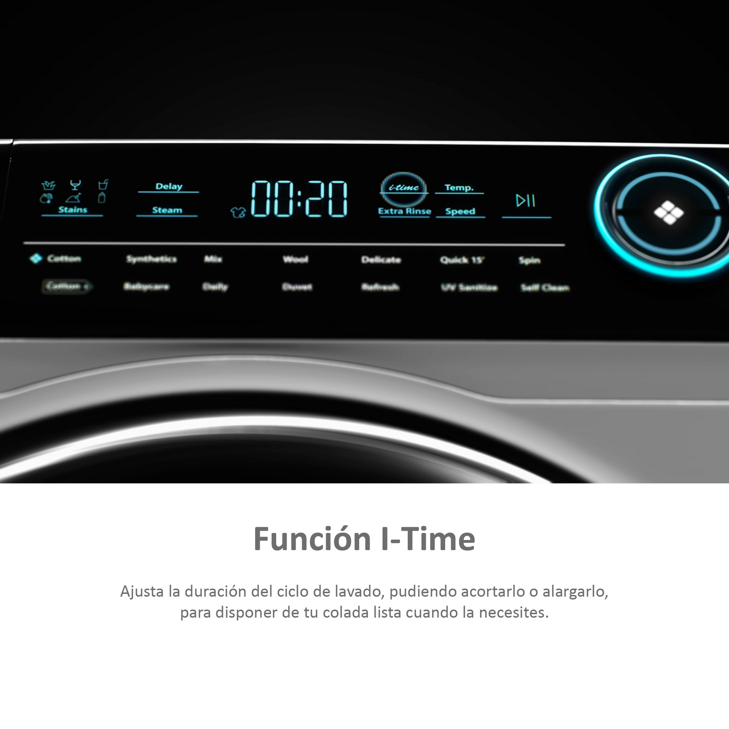 Panel de control de lavadora con pantalla azul iluminada que muestra hora, ajustes y opciones.  Función I-time resaltada.