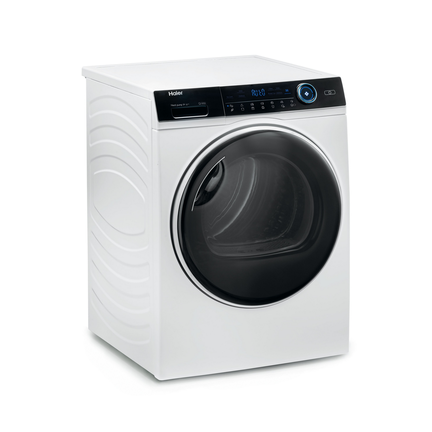 Secadora Haier blanca, vista frontal. Tiene puerta y panel de control negros. Aislado en blanco.