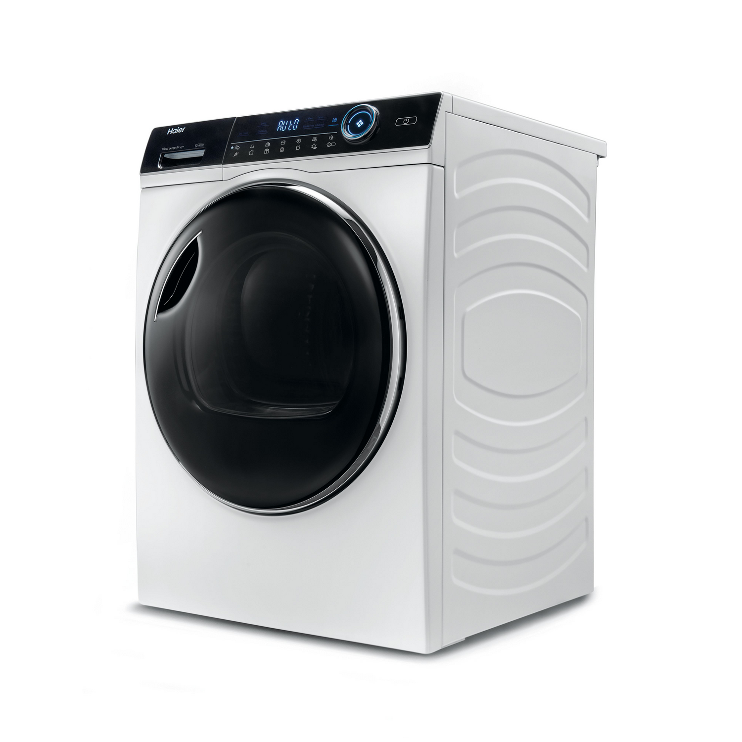 Lavadora blanca con puerta y panel de control negros. Se ve la marca Haier.