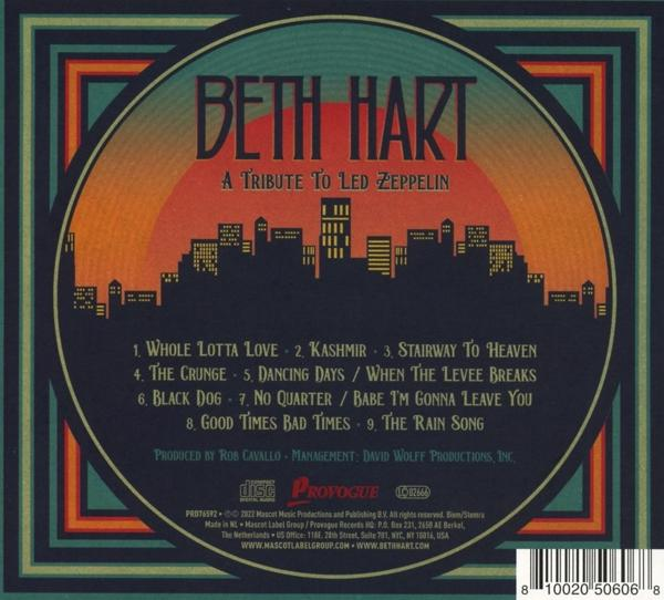 Pochette de l'album hommage de Beth Hart à Led Zeppelin, avec liste des titres et skyline.