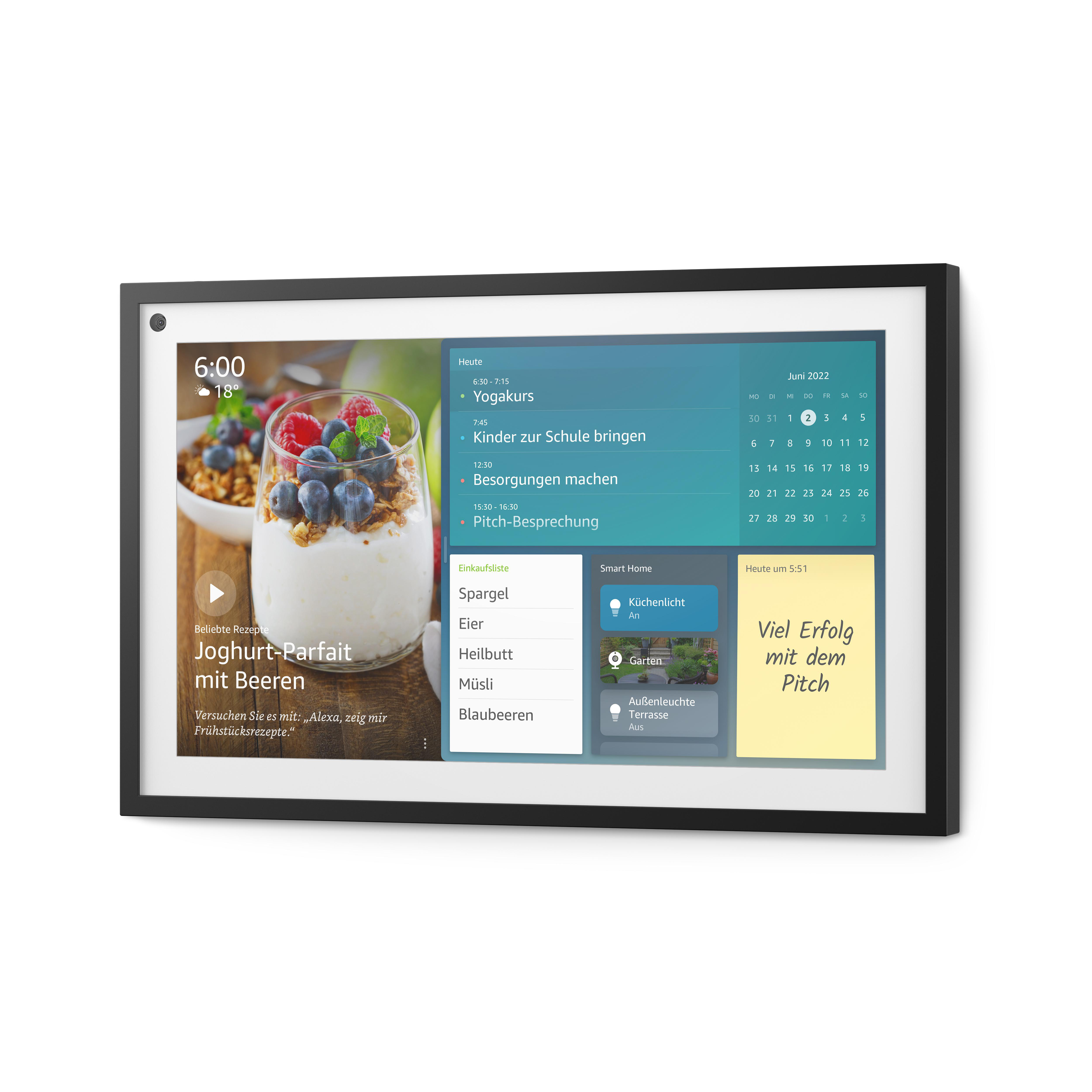 Smart-Display mit schwarzem Rahmen, das einen Zeitplan, Kalender und Rezept mit Joghurt zeigt.
