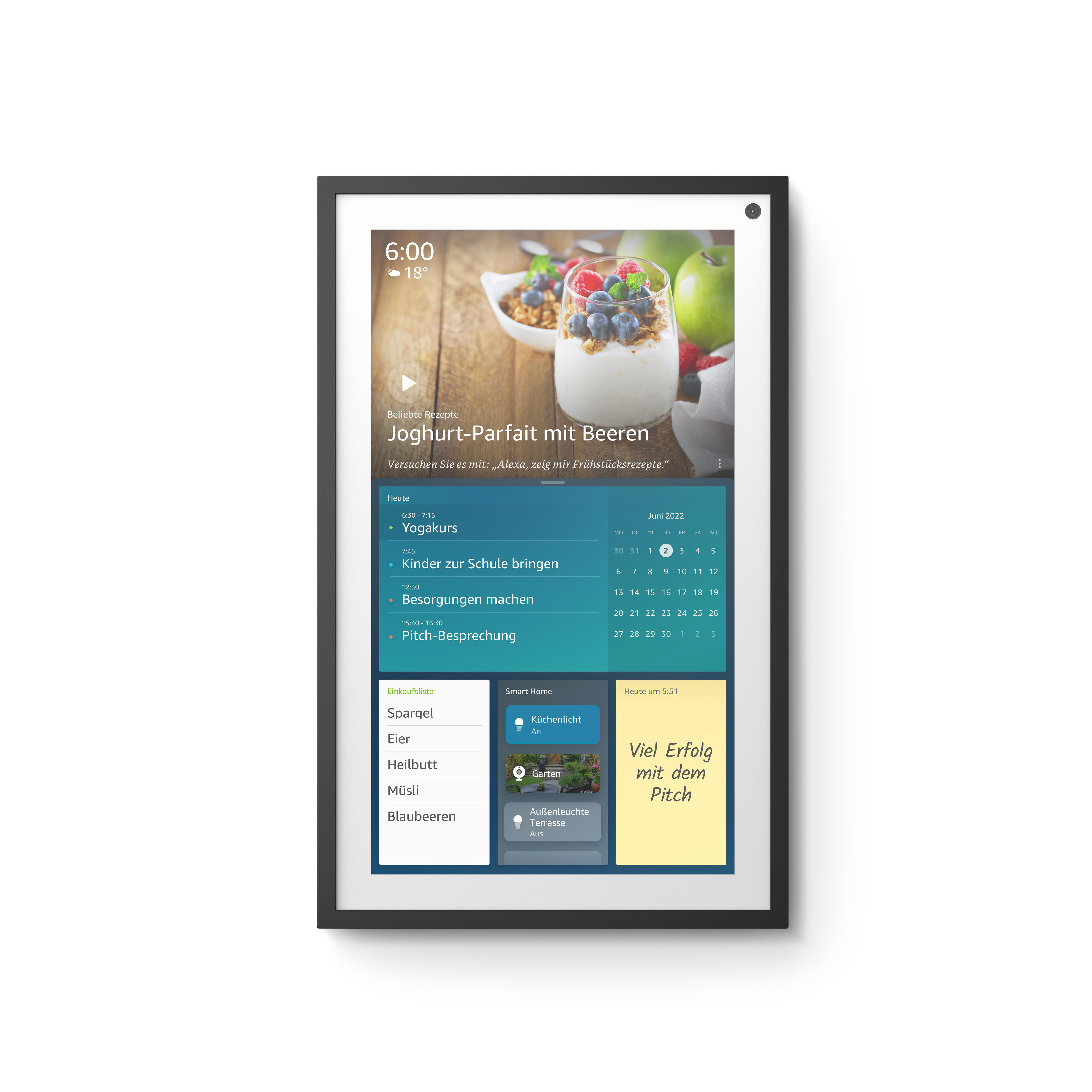 Ein Smart Display mit einem Frühstücksrezept, Kalender und einer Notiz 'Viel Erfolg mit dem Pitch'.
