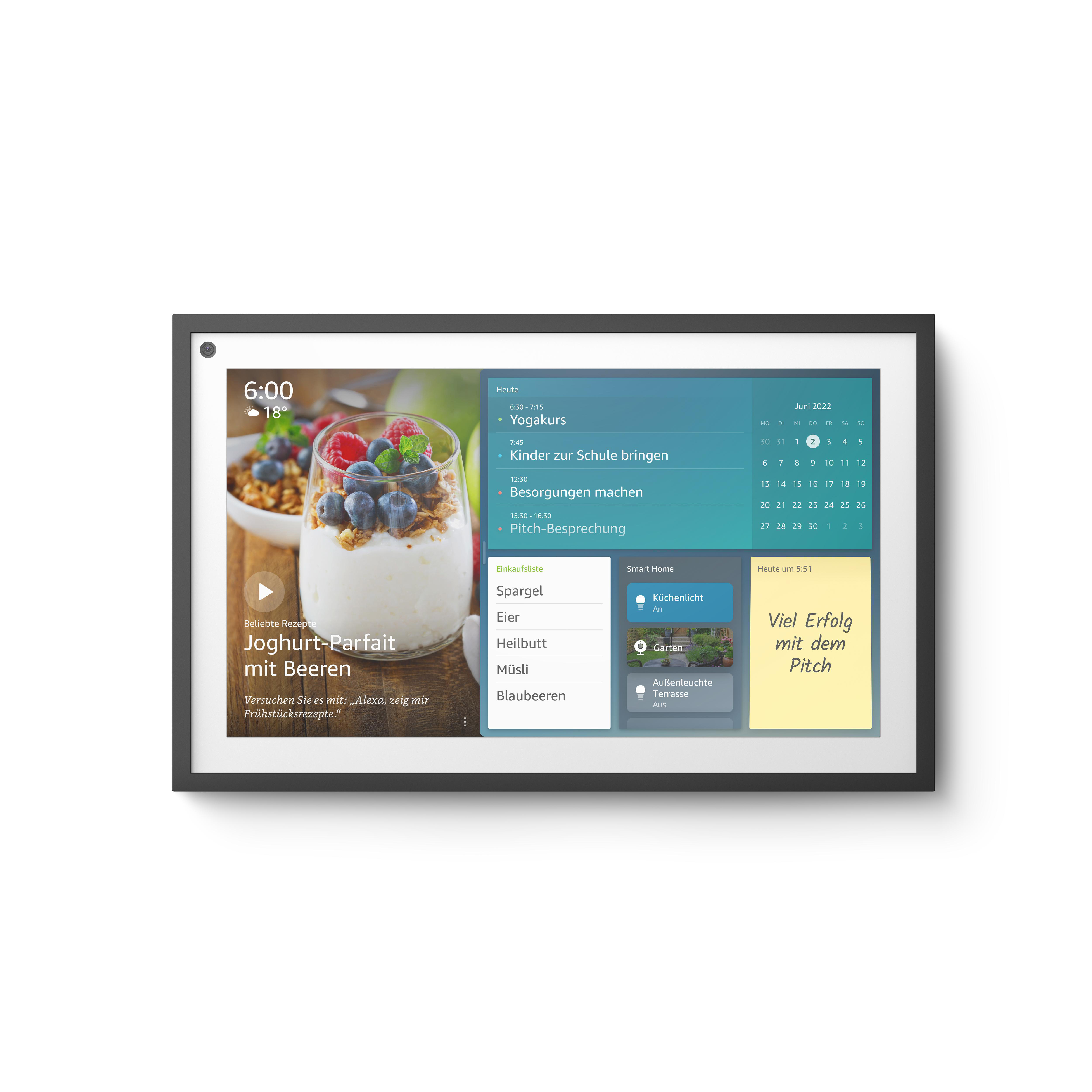 Ein schwarzes Smart-Display zeigt einen Kalender, ein Joghurt-Parfait-Rezept und andere Widgets.