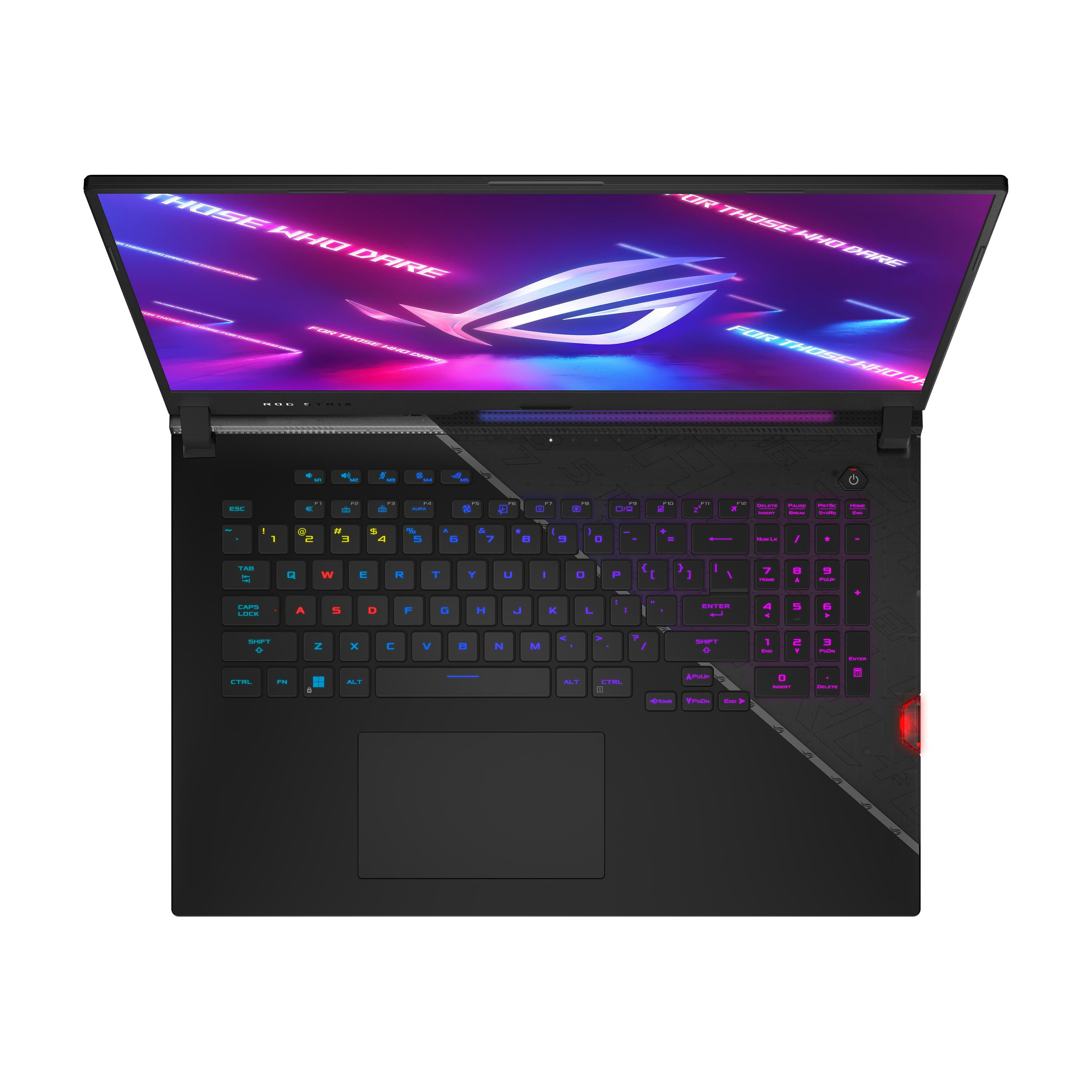 Schwarzer Gaming-Laptop mit beleuchteter Tastatur, zeigt farbenfrohe Spieloberfläche.