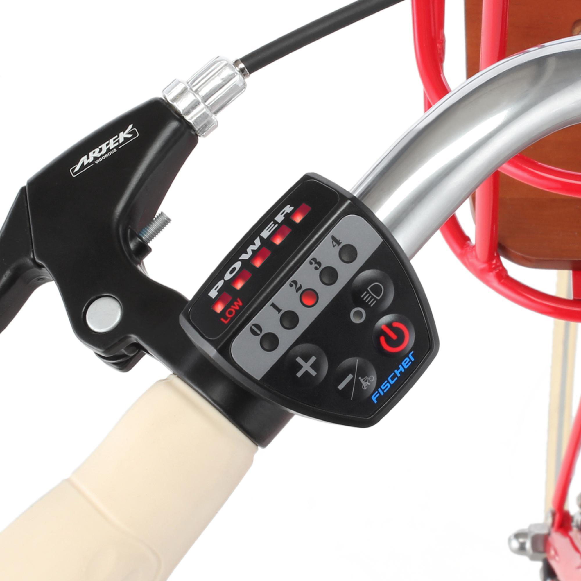 Nahaufnahme eines E-Bike-Lenkers mit Anzeige von Leistungsstufen, Lichtern und Bedienelementen.