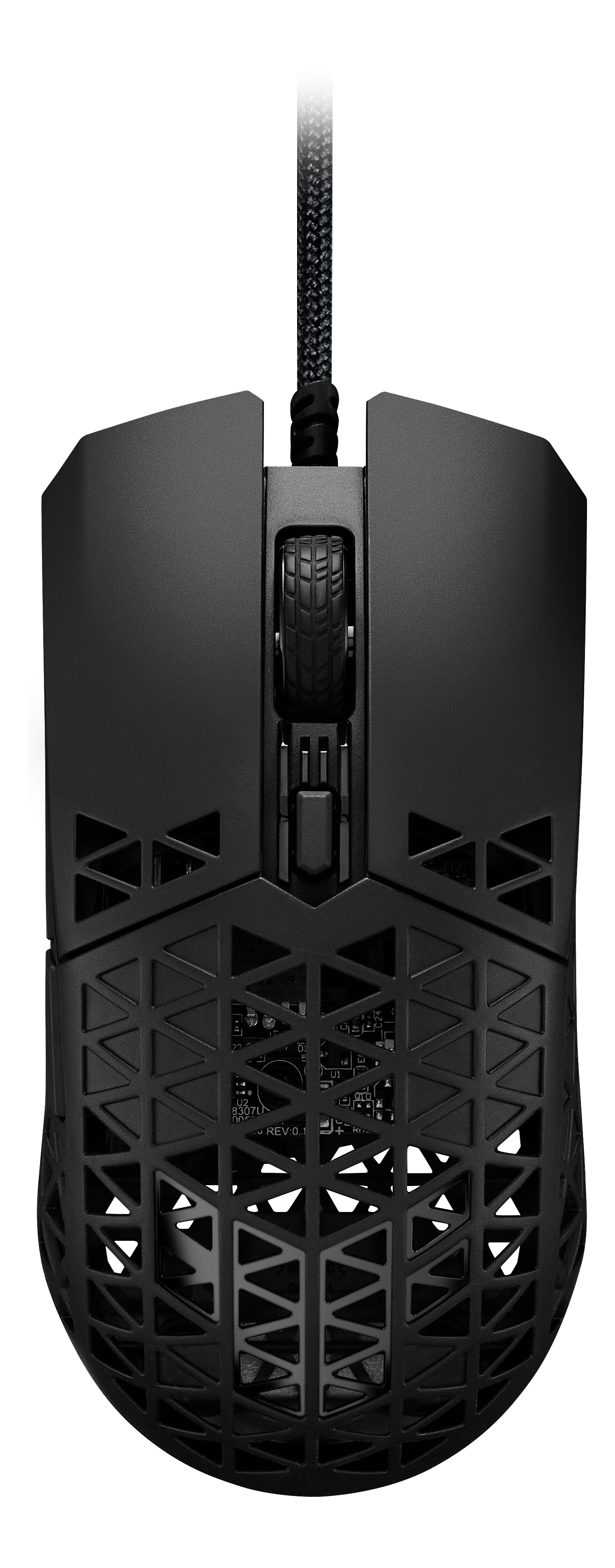 Schwarze Computermouse mit Wabenmuster und sichtbarer Platine.