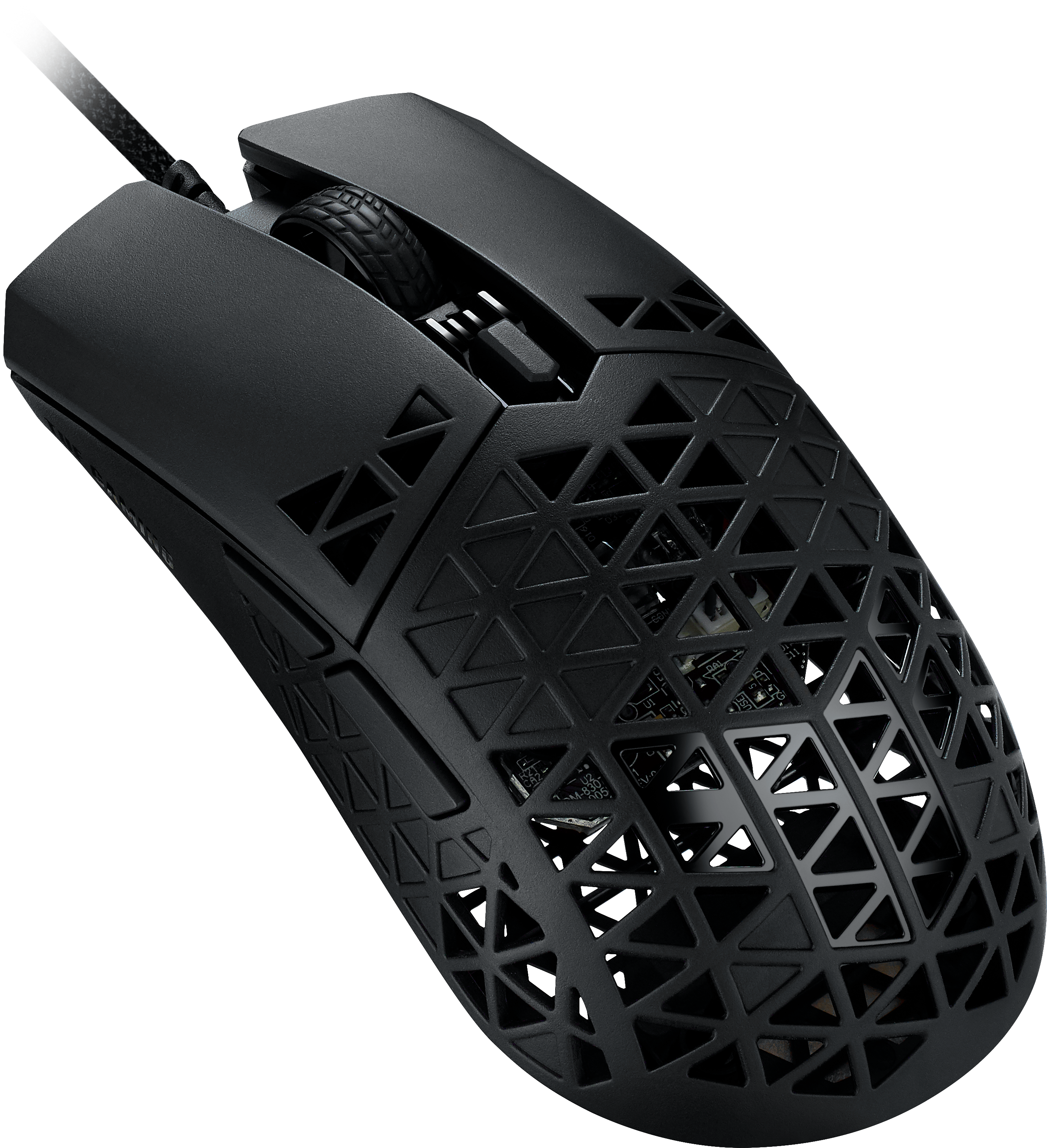 Schwarze Gaming-Maus mit dreieckigem Gittermuster und sichtbarer Platine.