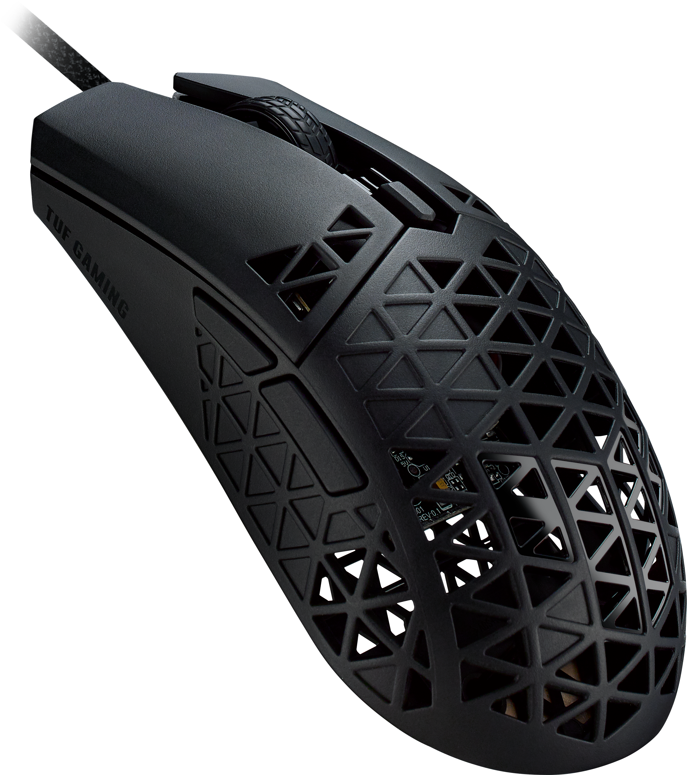 Schwarze Gaming-Maus mit dreieckigem Gittermuster und sichtbarer Platine.