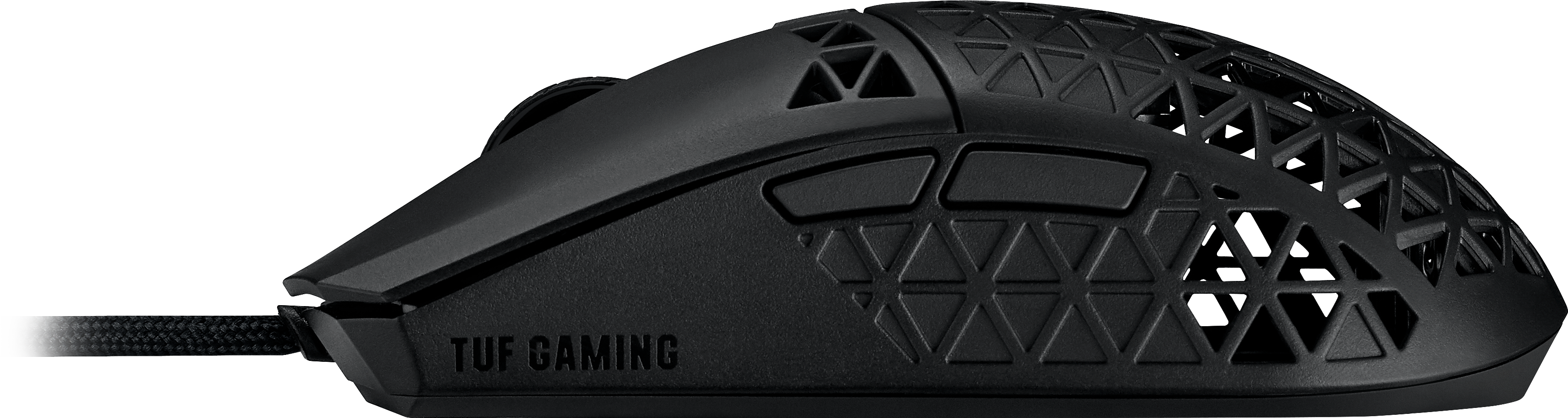 Schwarze Gaming-Maus mit Wabenmuster und "TUF GAMING"-Aufschrift.
