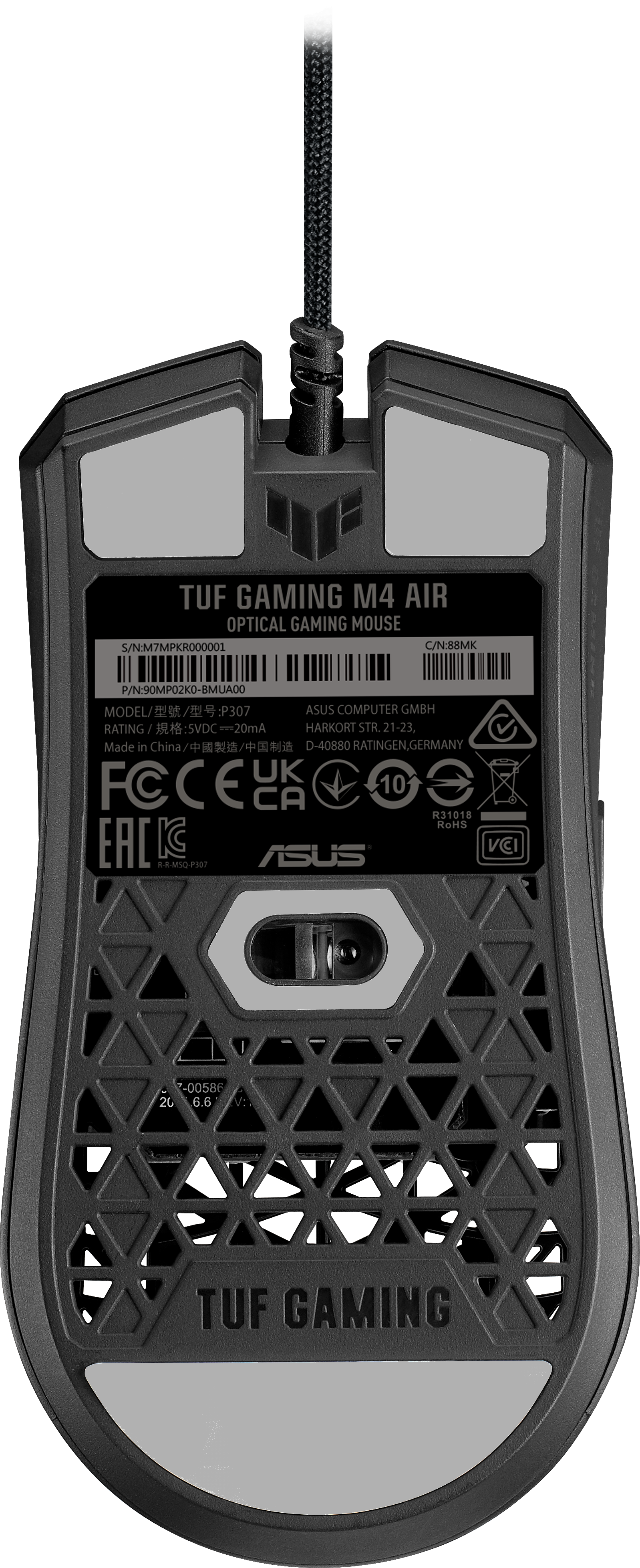 Unterseite einer schwarzen Asus Gaming-Maus mit Lüftungsgitter und Produktinformationen.