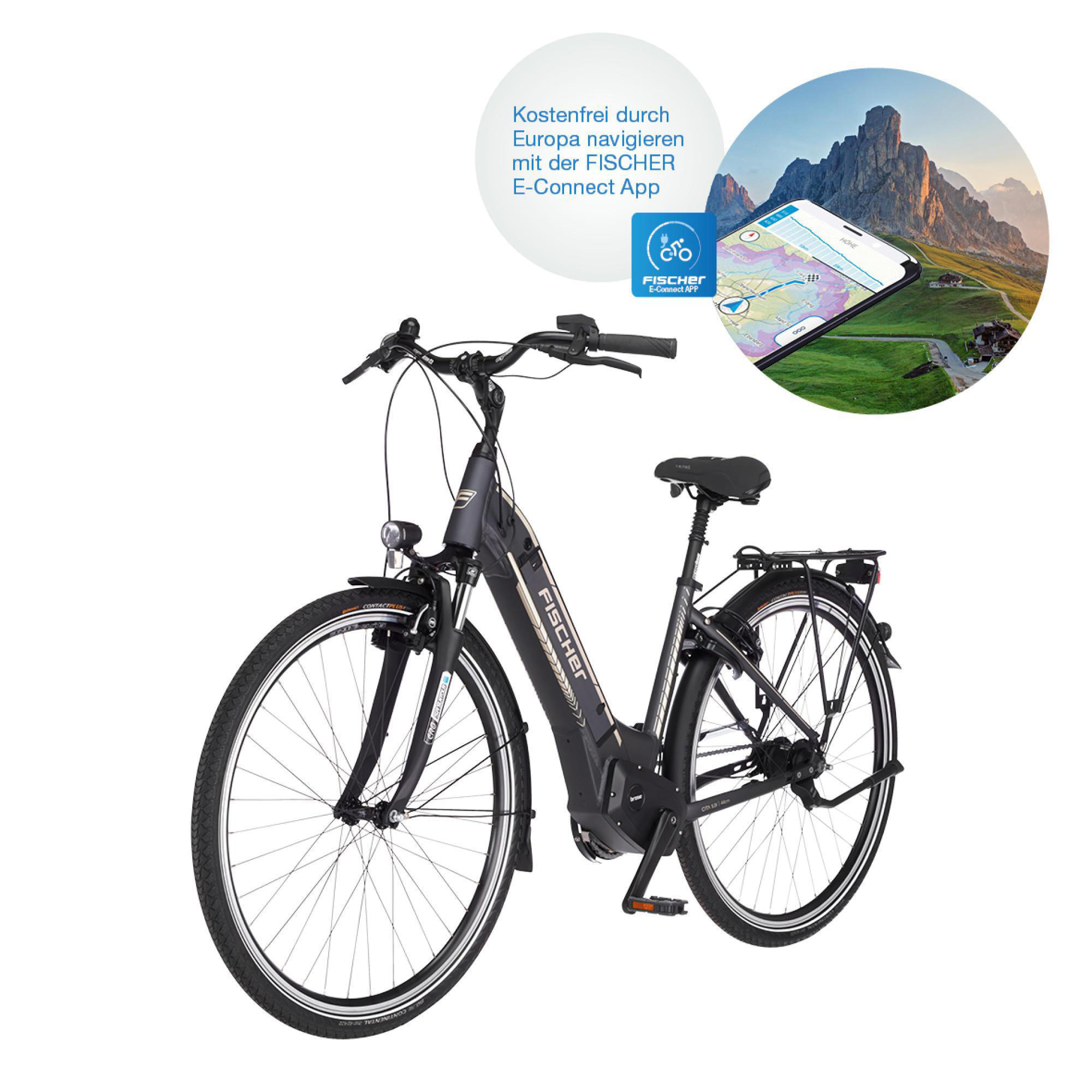Ein schwarzes E-Bike mit Digitalanzeige, Smartphone und Bergkulisse.