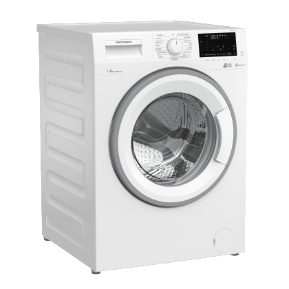 Weiße Waschmaschine mit runder Tür, Bedienfeld und weißem Hintergrund.