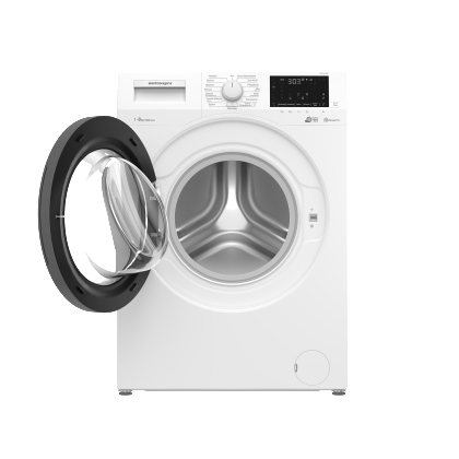 Weiße Waschmaschine mit offener Tür. Das Innere der Maschine ist sichtbar.