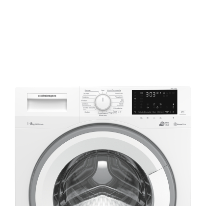 Eine weiße Waschmaschine mit Digitalanzeige und Bedienfeld, vor weißem Hintergrund.