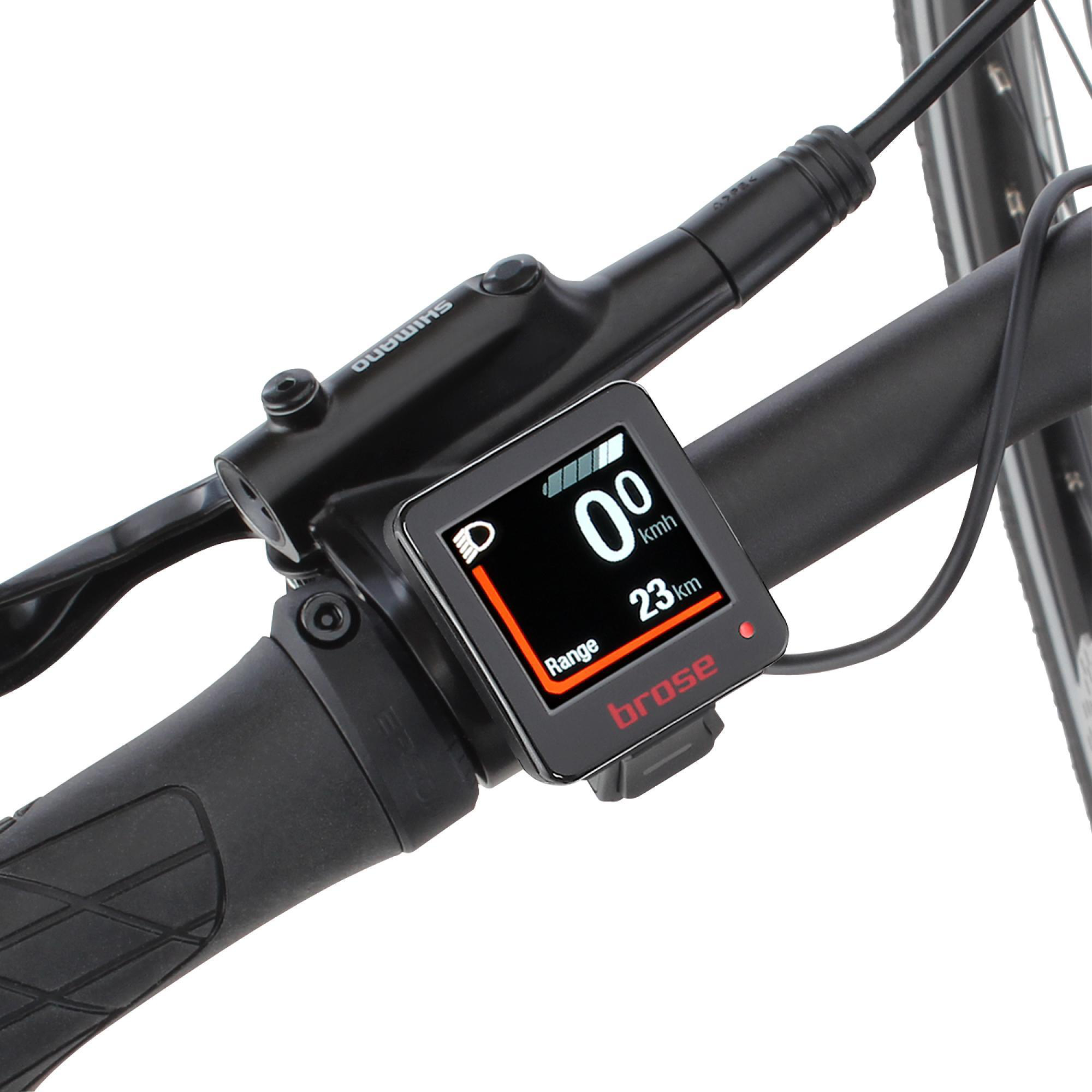 Nahaufnahme eines Fahrradlenkers mit Display, zeigt Geschwindigkeit und Entfernung.