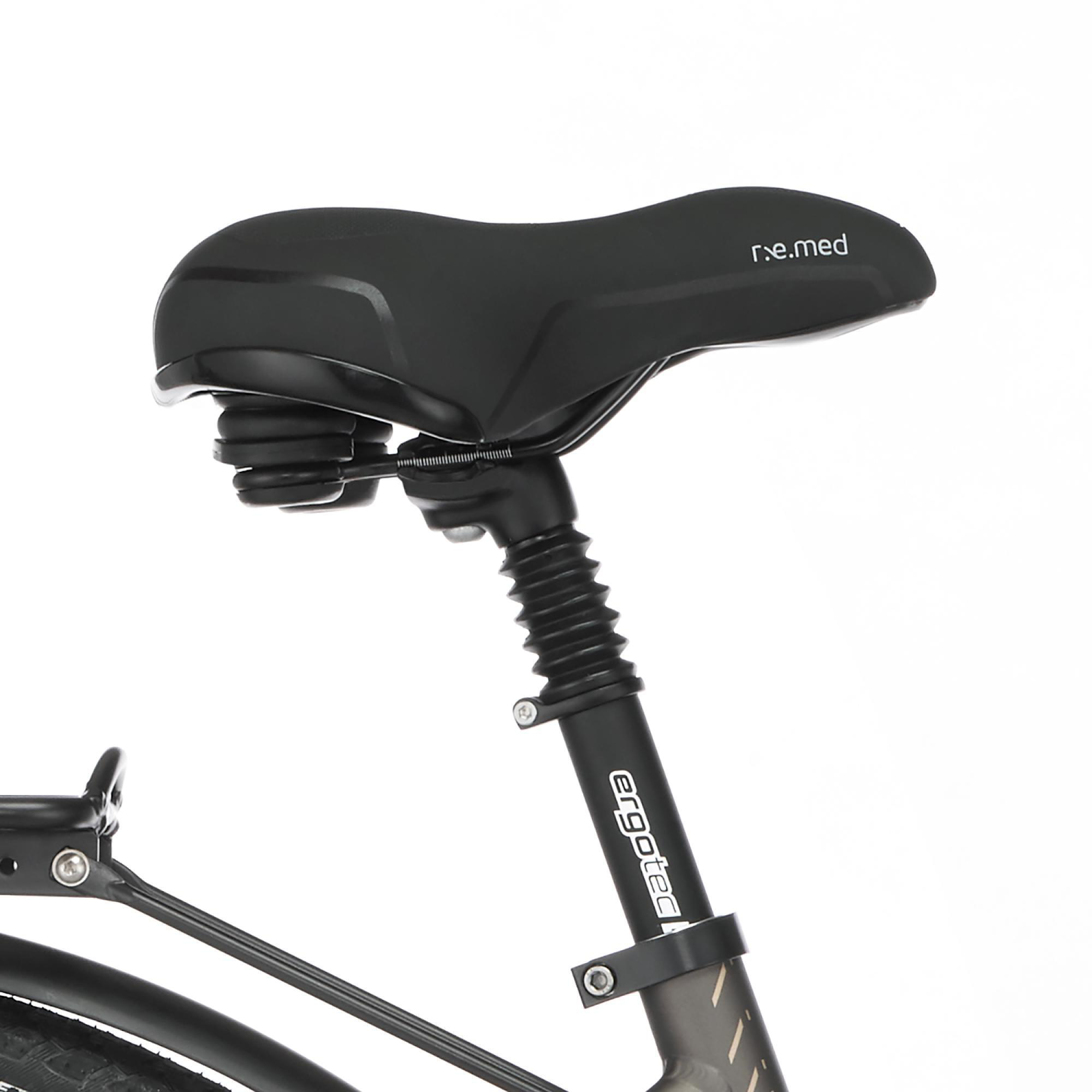 Schwarzer Fahrradsattel mit schwarzer Federung und dem Text 'r.e.med'.