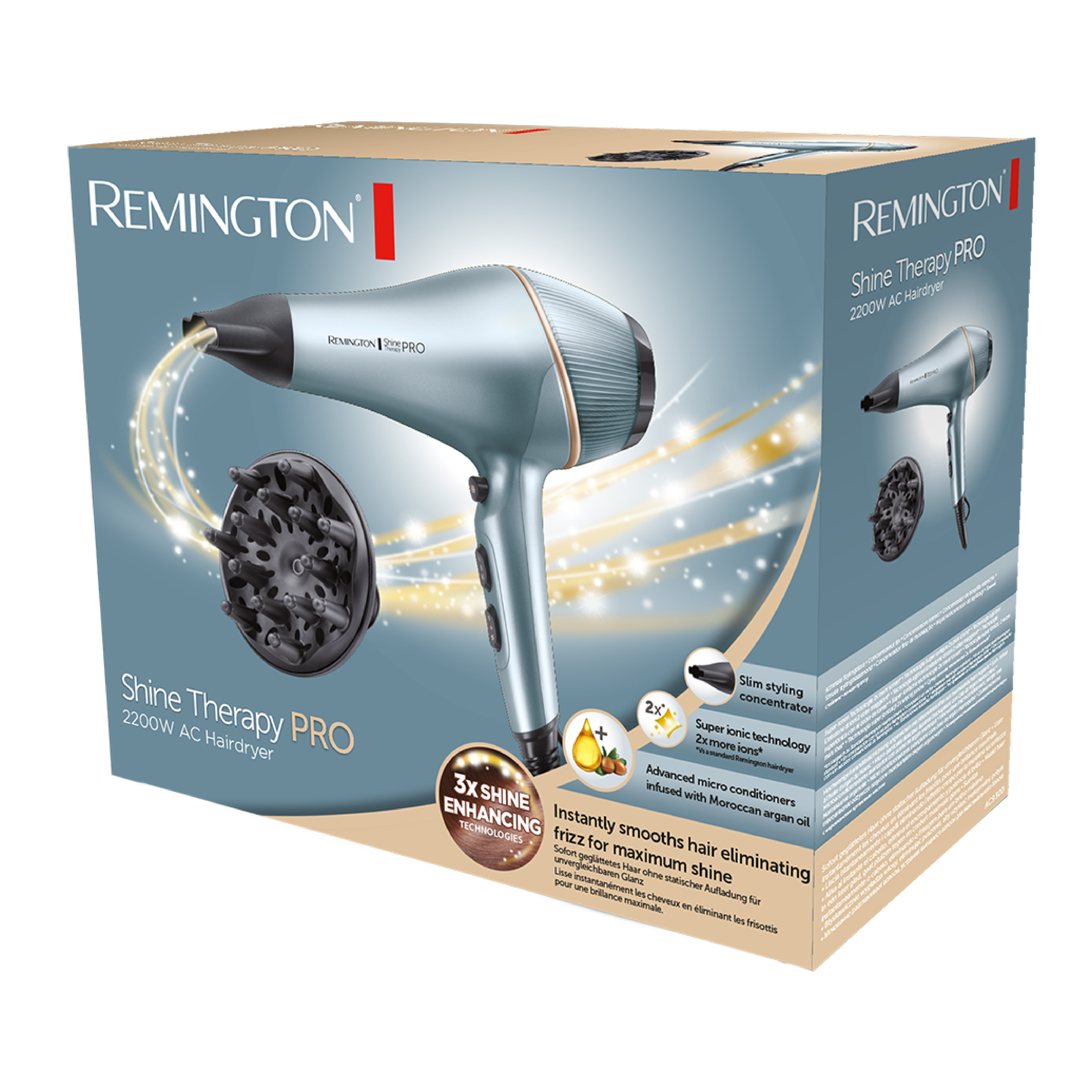 Remington Shine Therapy Pro saç kurutma makinesi kutusu. Saç kurutma makinesi, difüzör ve ürün bilgileri içerir.