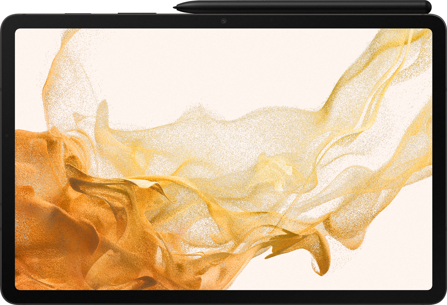Une tablette noire avec un stylet sur le dessus, affichant un design abstrait doré à l'écran.