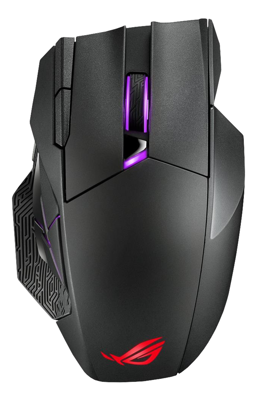 Mouse da gioco nero, illuminazione viola, logo rosso, sfondo nero, vista dall'alto.