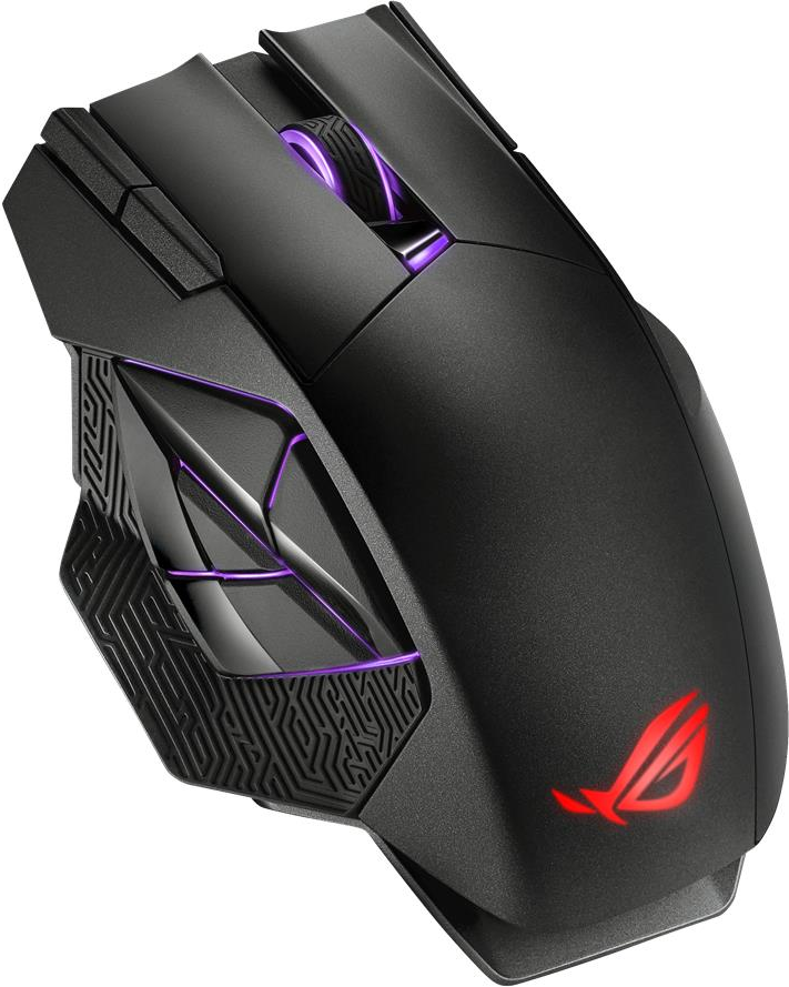 Mouse da gaming nero con dettagli viola e logo ROG.