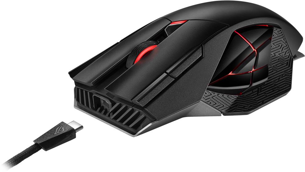Mouse da gioco nero con dettagli rossi e cavo USB-C collegato.