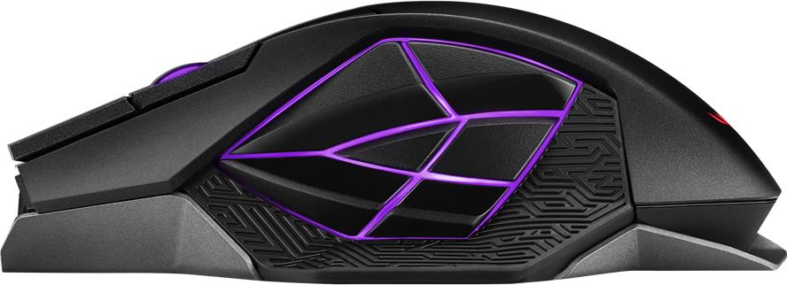 Mouse da gaming con pulsanti laterali e dettagli viola. Design nero e grigio.